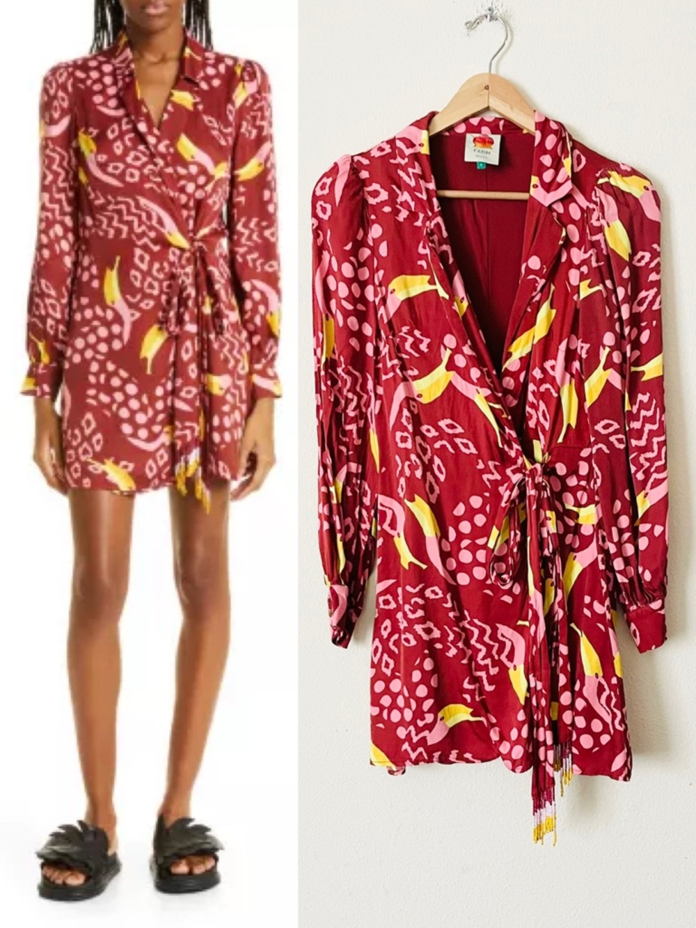 Farm Rio SMALL Toucanissimo long sleeve burgundy red printed wrap mini dress